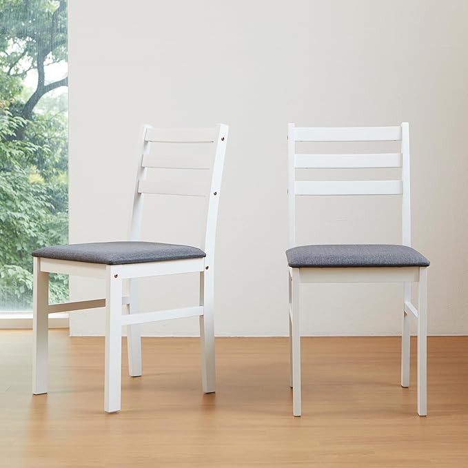 Livinia Seattle Modern Farmhouse Kitchen Dining Room Chair Set of 4, Solid Wood Fabric Upholstered Cushion Seat Wood Ladder Back Chairs (White)