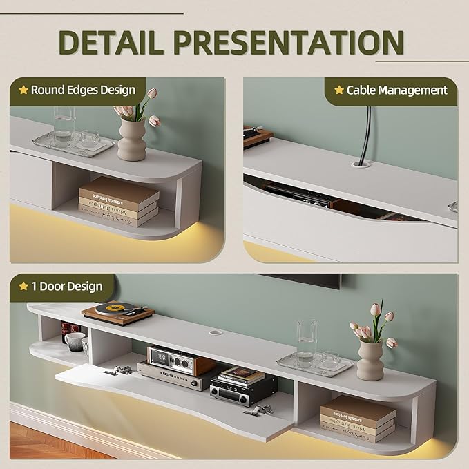 Floating TV Stand,94'' Wall Mounted TV Cabinet,Floating TV Console,Under TV Shelf with 1 Door and 2 Cabinets for TVs up to 90''(White)