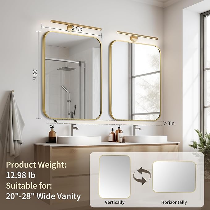 Gold Bathroom Mirror, 24x36 Inch Aluminum Frame Rectangle Mirror, Anti-Rust, Tempered Glass, Wall Mirror for Over Sink, Vanity, Bedroom, Entryway, Horizontal/Vertical