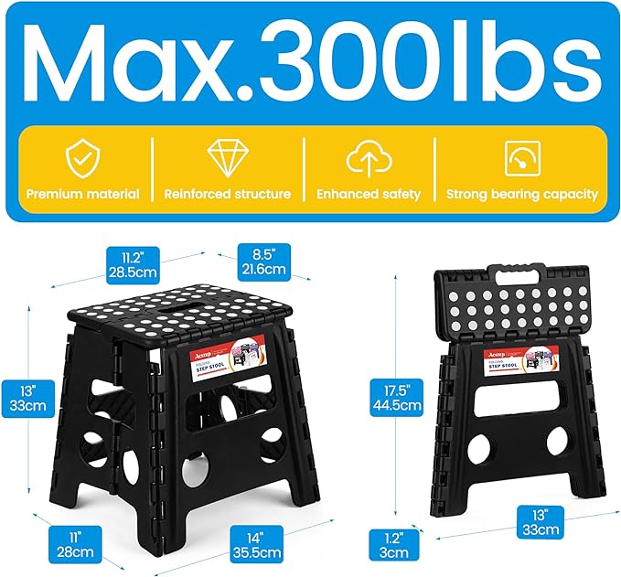 ACSTEP Folding Step Stool - 13 inch Height Premium Heavy Duty Foldable Stool for Adults, Kitchen Garden Bathroom Stepping Stool (1 Pack) Black