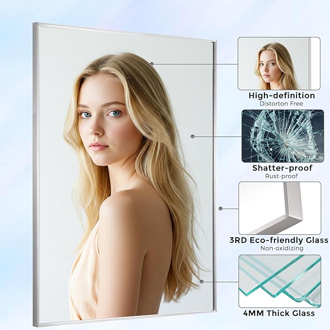 24x30 Inch Nickel Bathroom Mirror for Wall, Aluminum Frame Rectangle Rectangular Vanity Mirror, Modern Large for Bedroom, Living Room, Horizontal or Vertical