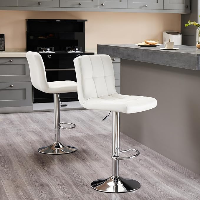 Sweetcrispy Bar Stools Set of 2, Armless PU Leather Adjustable Swivel Barstools, Hydraulic Kitchen Counter Height Thickened Seat Cushion Square Island Countertop Chairs with Back - White