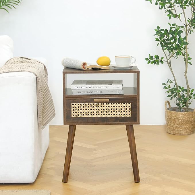 MaxSmeo Mid Century Nightstand, Rattan Side Table with Drawer, Wood Modern Bedside Table for Bedroom, Living Room and Small Spaces (Rustic Brown)