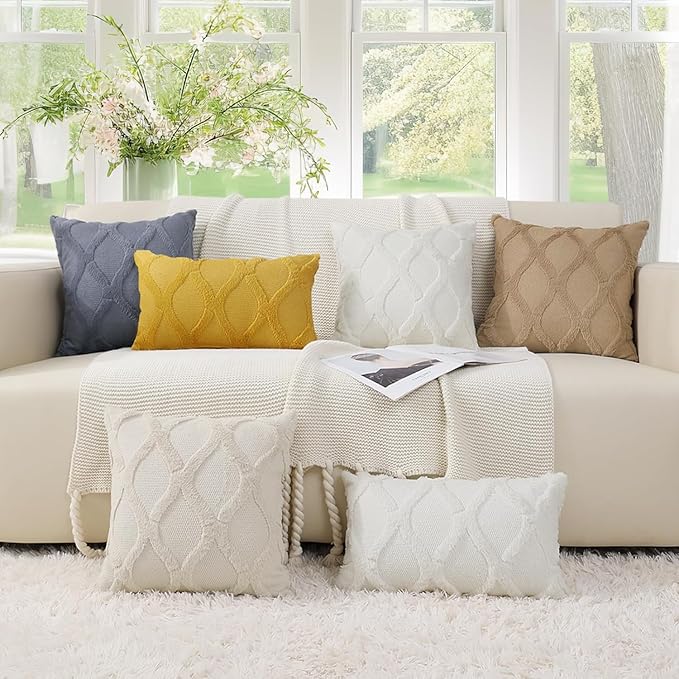 decorUhome Throw Pillow Covers 22x22 Inch Set of 2, Soft Plush Faux Fur Wool Beige Couch Pillow Covers, Decorative Neutral Pillow Cases for Bed Sofa Living Room Home Decor