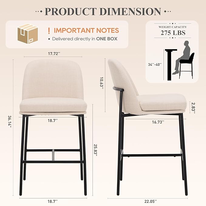 COLAMY Counter Height Bar Stools Set of 2, 25 Inch Modern Fabric Kitchen Island Stools with Back, Upholstered Counter Barstools Armless Bar Chairs with Metal Legs for Island Dining Room Bar, Beige