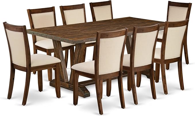 East West Furniture V777MZN32-9 9 Piece Dining Room Furniture Set Includes a Rectangle Dining Table with V-Legs and 8 Light Beige Linen Fabric Upholstered Chairs, 40x72 Inch, Multi-Color