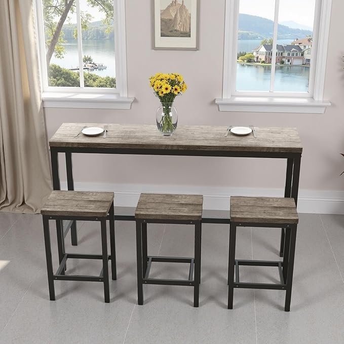 KEIKI 60.24” Long Bar High Top Dining Table and 3 Stools Chairs Set, Wood Behind Couch Sofa Counter Height Pub Furniture for Breakfast, Kitchen Living Party Room, Brown Grey