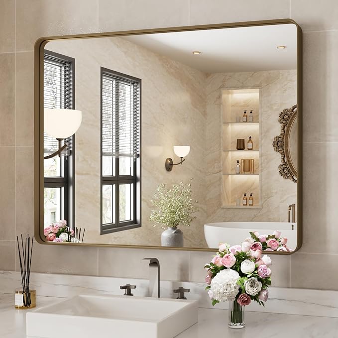 WEER Bronze Bathroom Wall Mirror, 40x32 Inch Oil Rubbed Bronze Vanity Mirror, Farmhouse Bronze Mirror with Aluminum Alloy Brushed Metal Frame, Tempered Glass, Anti-Rust (Horizontal/Vertical)