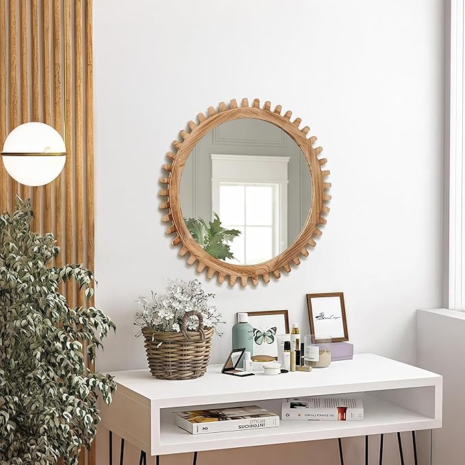ULIKE Round Wood Mirror, 24 Inch Rustic Farmhouse Circle Mirror with Wooden Frame, Mordern Wall Decor for Bathroom Nursery Bedroom Living Room Entryway, Brown
