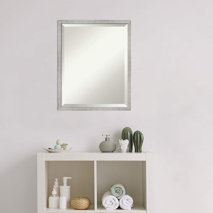 Amanti Art White Bathroom Mirror for Over Sink, 21x17 Shiplap White Narrow Rectangle Vanity Mirror, Small Coastal Wood Frame, Hangs Horizonally and Vertically, Bathroom Wall Decor, Beveled Edge