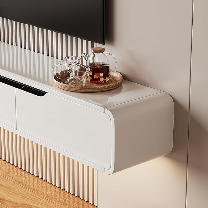 High Gloss Floating TV Stand with 3 Doors,86'' Wall Mounted TV Cabinet,Under TV Console,Floating Media Shelft for Bedroom Living Room(White)