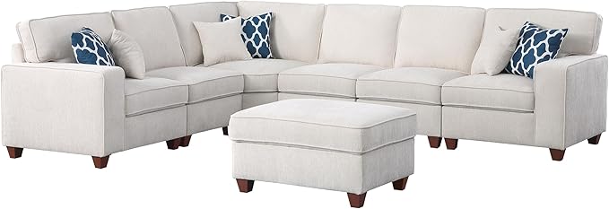 116" Convertible Sectional Couch with Movable Ottoman and 6 Throw Pillows,Chenille Upholstered Comfy Sofa 7 Seater,L-Shaped,Free Combination,Easy Assembly for Living Room,Apartment,Office,Beige