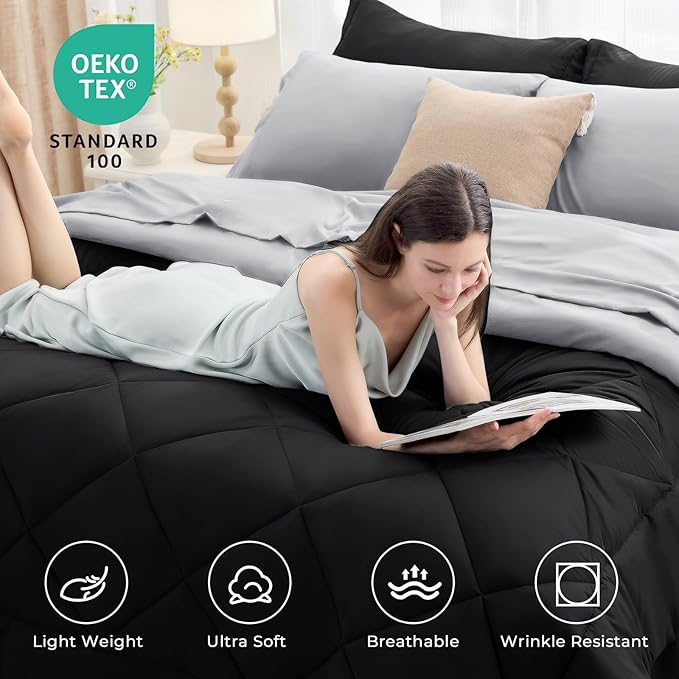 HEVUMYI Oversized Queen Comforter Set - 7-Piece All Season Bed in a Bag Oversized Queen, Ultra Soft Bedding Set with Comforter, Flat Sheet, Fitted Sheet, Pillowcases, Pillow Shams, Black & Light Grey