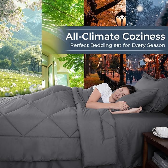 HEVUMYI 120x98 Oversized King Comforter Set Dark Grey- 7-Piece All Season Bed in a Bag Oversized King, Soft Bedding Set with Comforter, Flat Sheet, Deep Pocket Fitted Sheet, Pillowcases, Pillow Shams