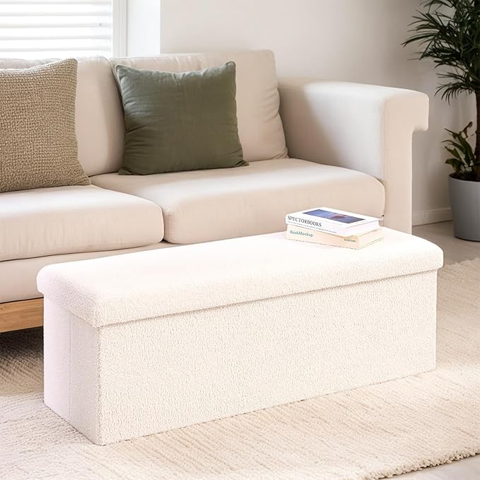 43 Inches Storage Ottoman Bench - Extra Large Foldable Ottoman with Storage, Bench for Living Room, Bedroom, Entryway - White