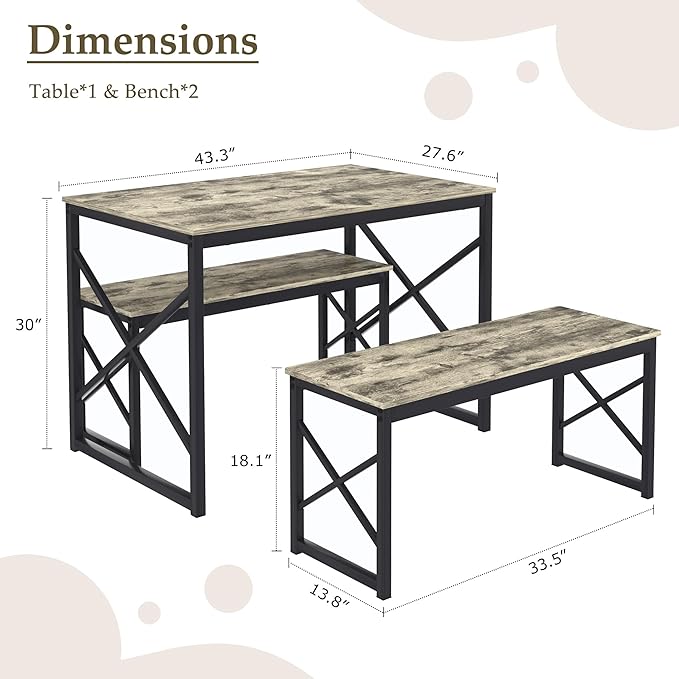 VECELO Kitchen Dining Table Set for 4, 43.3" Wood Rectangle Dinette with 2 Benches, Heavy-Duty Metal Frame for Small Space, Breakfast Nook, Grey