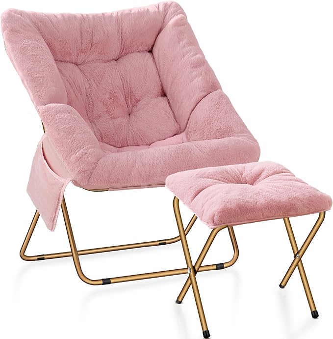 Comfy Saucer Chair for Adults, Foldable Living Room Chairs, Soft Faux Fur Lounge Chair for Bedroom, Reading Chairs, X-Large (Ottoman-Pink)