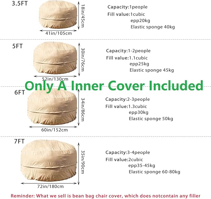 Reusable Beanbag Chair Inner Lining Cover for Pack Bean Filler EPP EPS Shredded Memory Foam and Wash Needs, 3.5 FT