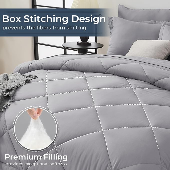 HEVUMYI Light Grey 120x98 Oversized King Comforter Set - 7-Piece All Season Bed in a Bag Oversized King, Ultra Soft Bedding Set with Comforter, Flat Sheet, Fitted Sheet, Pillowcases, Pillow Shams