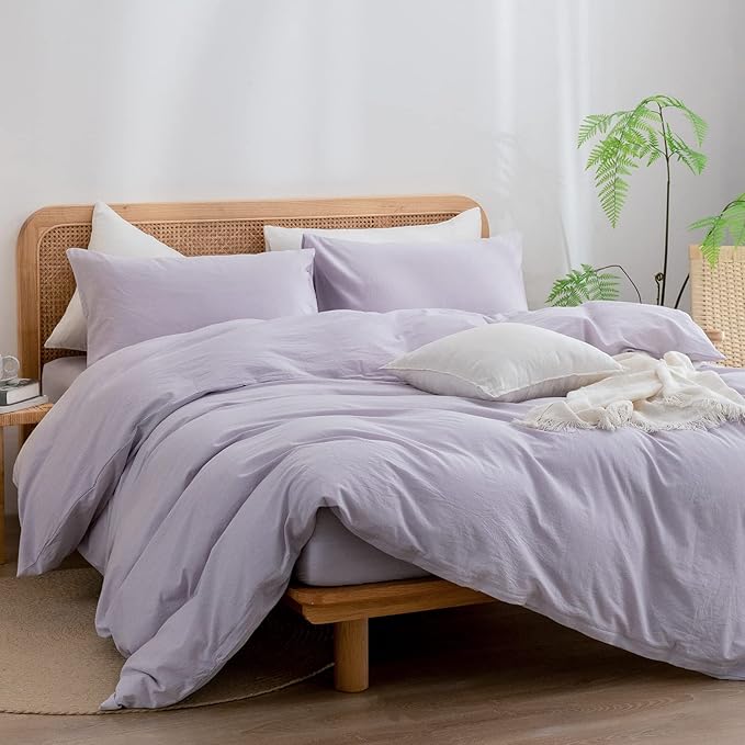 BESTOUCH Duvet Cover Set 100% Washed Cotton Linen Feel Super Soft Comfortable Chic Lightweight 3 PCs Home Bedding Set Solid Taro Purple Oversized Queen