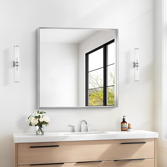 Silver Bathroom Mirror, 30x30 Inch Rectangular Framed Mirror, Large Wall Mounted Bathroom Vanity Mirror Over Sink for Bedroom,Restroom, Living Room, Hangs Vertically or Horizontally