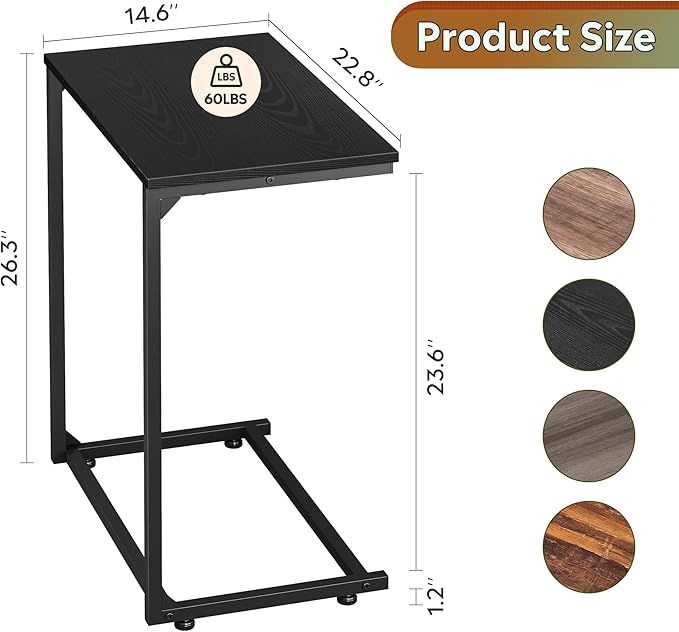 WLIVE Black C-Shaped End Table, Small Side Tables for Sofa, Wide Couch Table That Slide Under, Laptop Snack Table for Living Room, Bedroom, Home Office, Black