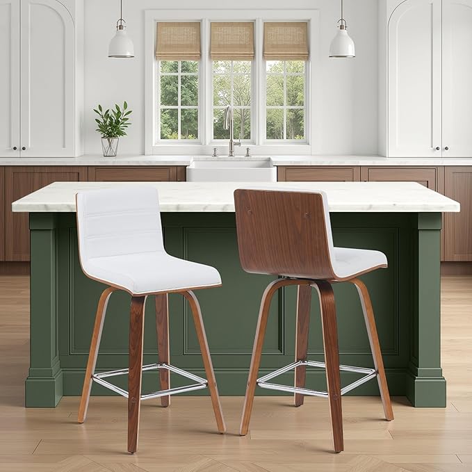Vienna Modern Counter Height Swivel Bar Stool with Snow White Faux Leather Seat and Walnut Finished Wood Frame Set of 3