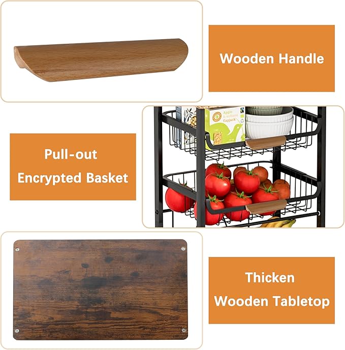 Black 5-Tier Fruit & Veggie Storage Cart on Wheels - Pull-Out Kitchen Organizer with 3 Tiers for Potatoes, Onions, & More