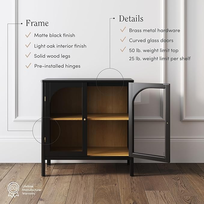 Nathan James Mason Storage Cabinet Accent Sideboard Buffet Credenza TV Stand with Glass Doors and Adjustable Shelf in Black Wood for Dining Room, Entryway and Living Room, Clear Glass/Black, Set of 3