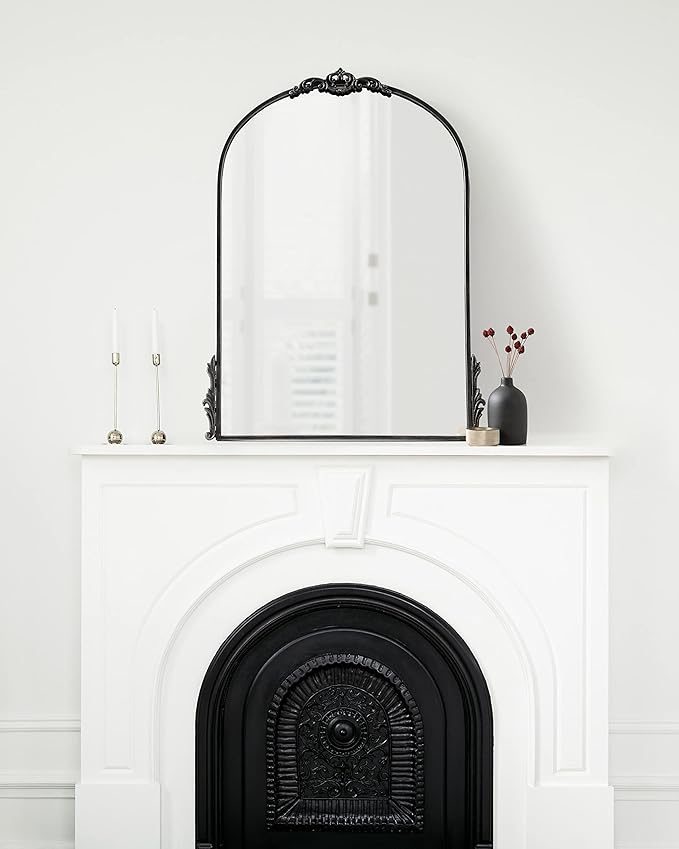 Kate and Laurel Myrcelle Traditional Arched Mirror; 25 x 33; Black; Decorative Vintage Arch Mirror with Ornate Garland Detailing Along The Crown and Edges of The Frame