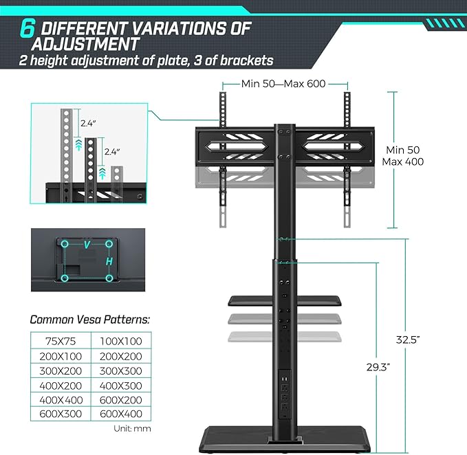 Greenstell TV Stand with Power Outlet & AV Shelf, Universal Floor TV Stand for 32-75 inch TV, Swivel Tall TV Mount Stand, Holds up to 110 LBs,Height Adjustable and Wood Base, Max VESA 600x400mm,Black