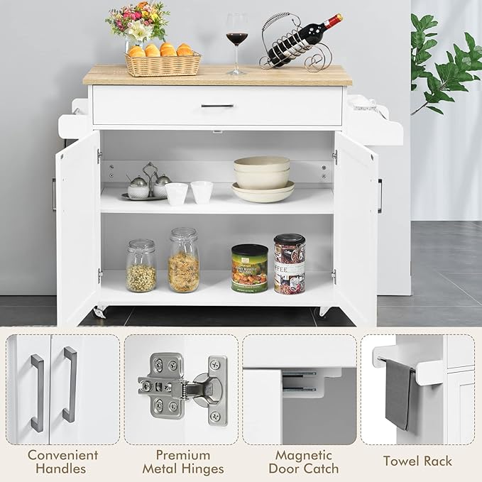 COSTWAY Kitchen Island On Wheels, Rolling Storage Trolley Cart with Large Cabinet, Drawer, Spice Rack and Towel Rack, Kitchen Serving Utility, 3-Position Adjustable Shelf (White)
