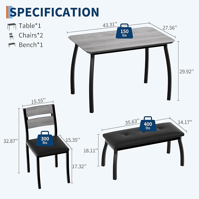Dining Table Set for 4, Wooden Kitchen Table with Upholstered Bench & 2 Cushion Chairs, Space-Saving Dinette Set for Studio, Kitchen, Dining Room, Apartment(43''x28''x30''), Gray