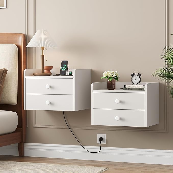 Floating Nightstand Set of 2 with 2 Storage Drawers and Charging Station Wood Wall Mounted Bedside End Table Modern Night Stands Set 2 for Bedroom,Small Space,White