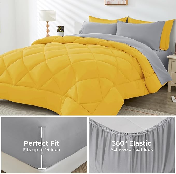 HEVUMYI Cali-King Comforter Set - 7-Piece All Season Bed in a Bag Cali-King, Ultra Soft Bedding Set with Comforter, Flat Sheet, Fitted Sheet, Pillowcases, Pillow Shams, Yellow & Light Grey