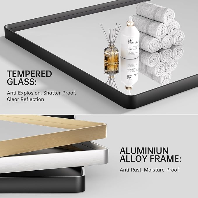 Hasipu Black Bathroom Mirror for Wall, 55 x 30 Inch Metal Framed Bathroom Mirrors for Over Sink, Rectangle Bathroom Vanity Mirror, Anti-Rust, Tempered Glass, Horizontal or Vertical
