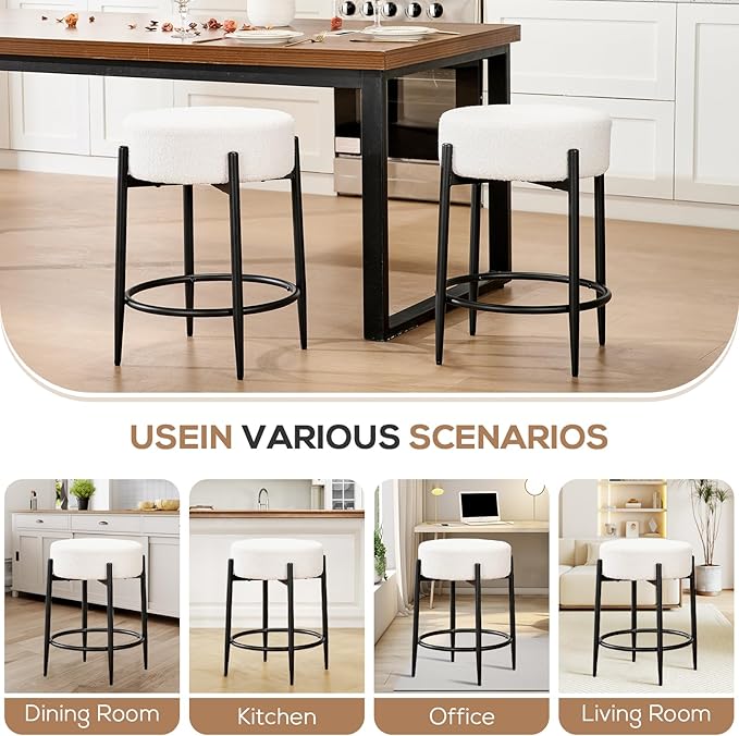 Dining Room Chairs Set of 8, 23.6" Sherpa Backless White Boucle Dining Chair, Mid Century Modern Living Room Round Upholstered Chairs with Black Metal Legs