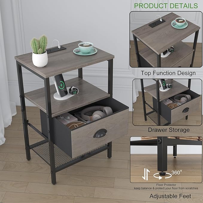 Nightstands Set of 2, Night Stands with Charging Station and Fabric Drawer, Grey Bedside Tables with Drawer, 2- Tier Side Table with Storage, Nightstands with Charging Station,Grey