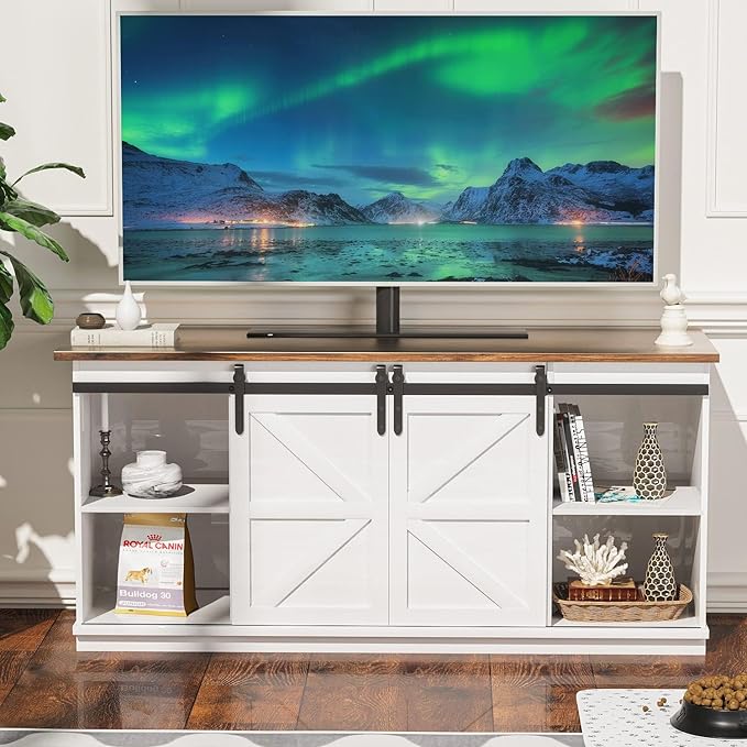 YESHOMY Farmhouse TV Stand for Televisions up to 65 Inches, Sliding Barn Doors and Storage Cabinets, Console Table and Media Furniture for Living Room, 58 Inch, Milk White