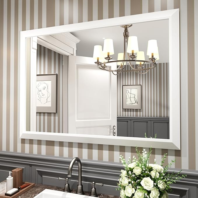 Amorho Bathroom Mirror, 48x35 Inch White Thick Metal Framed Wall Mirrors for Over 2 Sinks, Bedroom, Living Room, Entryway, Large Rectangle Wall-Mounted Mirrors.
