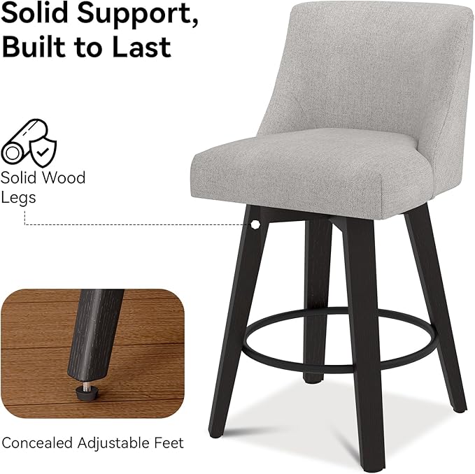 Counter Height Swivel Bar Stools Set of 6, 26 Inch Bar Stools with Footrest, Linen Fabric Upholstered Barstools with Back and Solid Wood Legs for Kitchen Island, Dining Room,Pub,Light Grey
