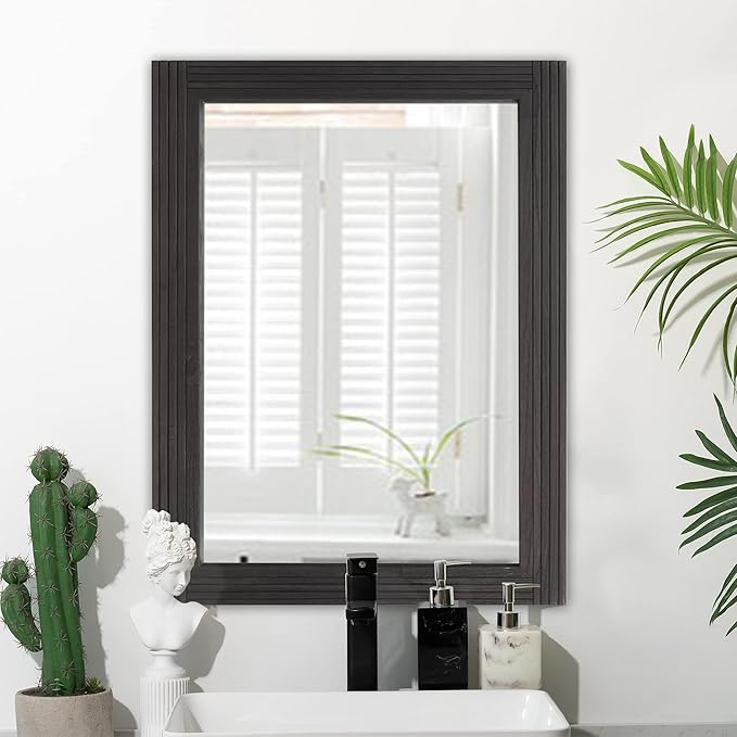YOSHOOT Hand-Made Wooden Spliced Wall Mirror for Bathroom, Rustic Farmhouse Vanity Mirror, Décor Wall Art, Solid Wood Frame, Vertical or Horizontal Hanging, 60" x 36", Black