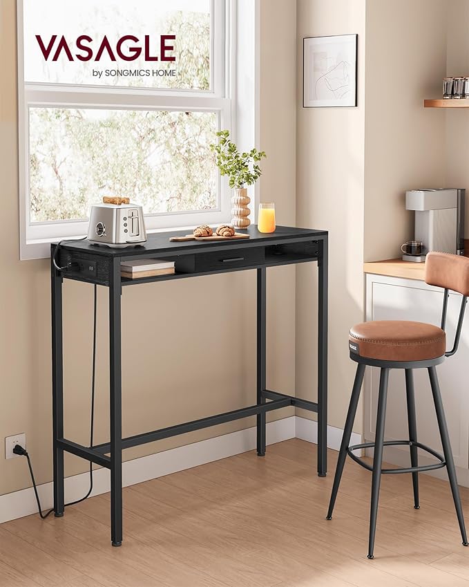 VASAGLE Bar Table with Power Outlets, 39.4 Inches Long Bar Height Pub Table, Rectangular High Top, with Movable Drawer, 2 Hooks, Narrow Storage for Kitchen, Dining, Entryway, Ebony Black