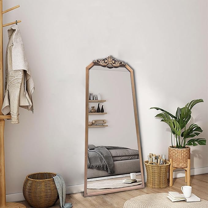 POZINO Brass Vintage Mirror,47.2"x 24" Arched Decorative Wall Mirror with Metal Frame, Ornate Gold Crown Molding, Traditional Antique Trapezoid Mirrors for Entryway Fireplace Living Room Bathroom