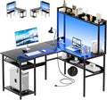 L Shaped Computer Desk with Hutch and Storage Shelves, Gaming Desk with LED Lights, Reversible L-Shaped Desk with Power Outlets, Home Office Desk, Corner Desk, Black
