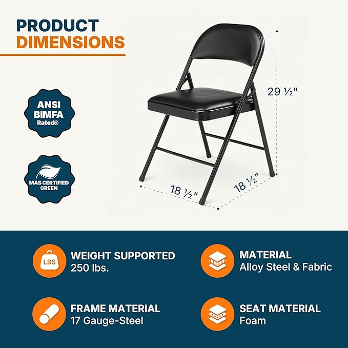 OEF Furnishings OEF950 Series Vinyl Padded Steel Folding Chairs (4-Pack, Black)