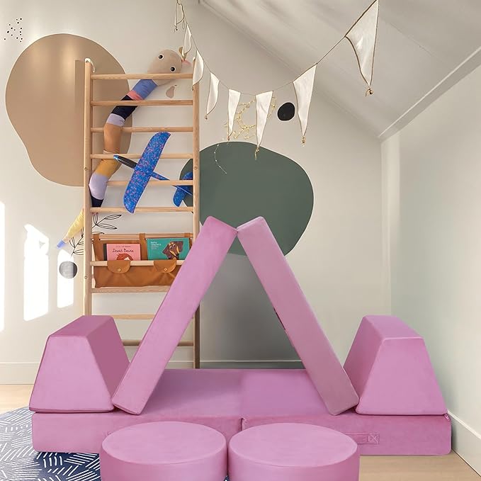 MeMoreCool 8-Piece Modular Kids Play Couch, Pink Convertible Foam Toddler Sofa Play Set for Playroom