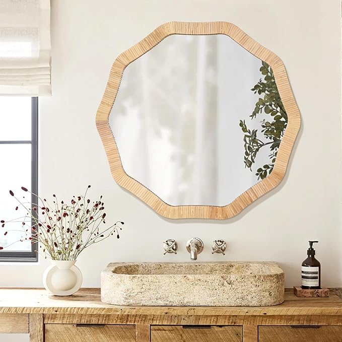 ULIKE Rattan Mirror for Wall, Bathroom 30 Inch Rustic Farmhouse Wall Decor with Handmade Wicker Frame, Boho Woven Mirror for Nursery Bedroom Living Room Entryway