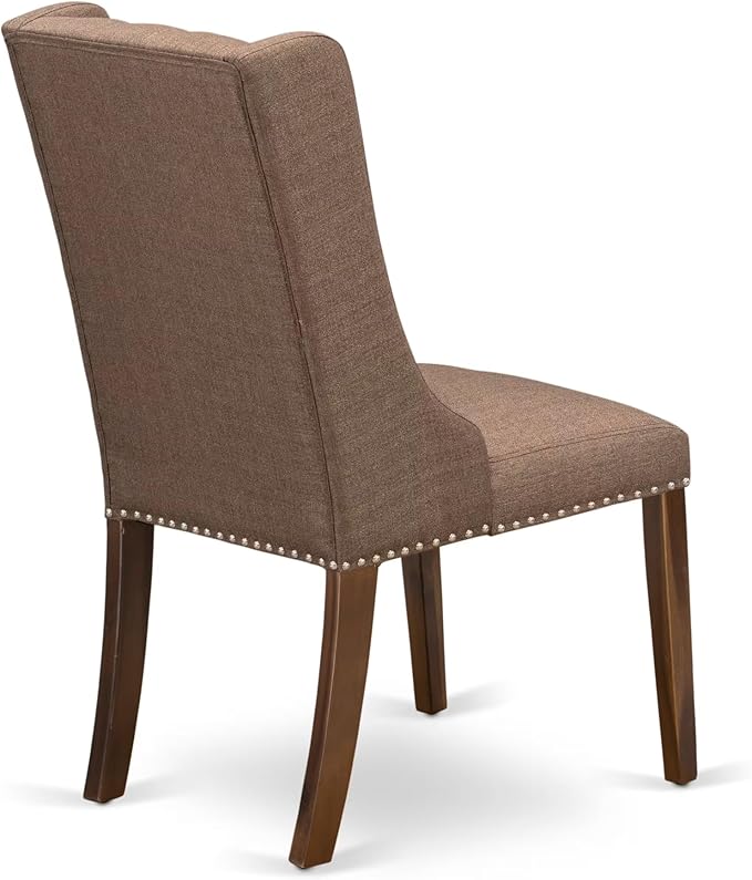 NKFO9-AWA-18-9-Piece Kitchen Set Consists of a Dinner Table and 8 Brown Linen Fabric Kitchen Chairs with Button Tufted Chair Back - Antique Walnut Finish.