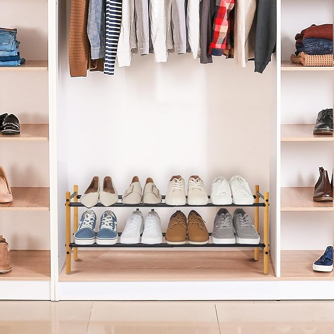 STORAGE MANIAC Expandable Shoe Rack, 8 Pairs Stackable Small Shoe Rack, Metal Adjustable Shoes Organizer for Closet, Entryway, Hallway, Garage, Front Door, Shoes Shelves, Bamboo 2 Tier